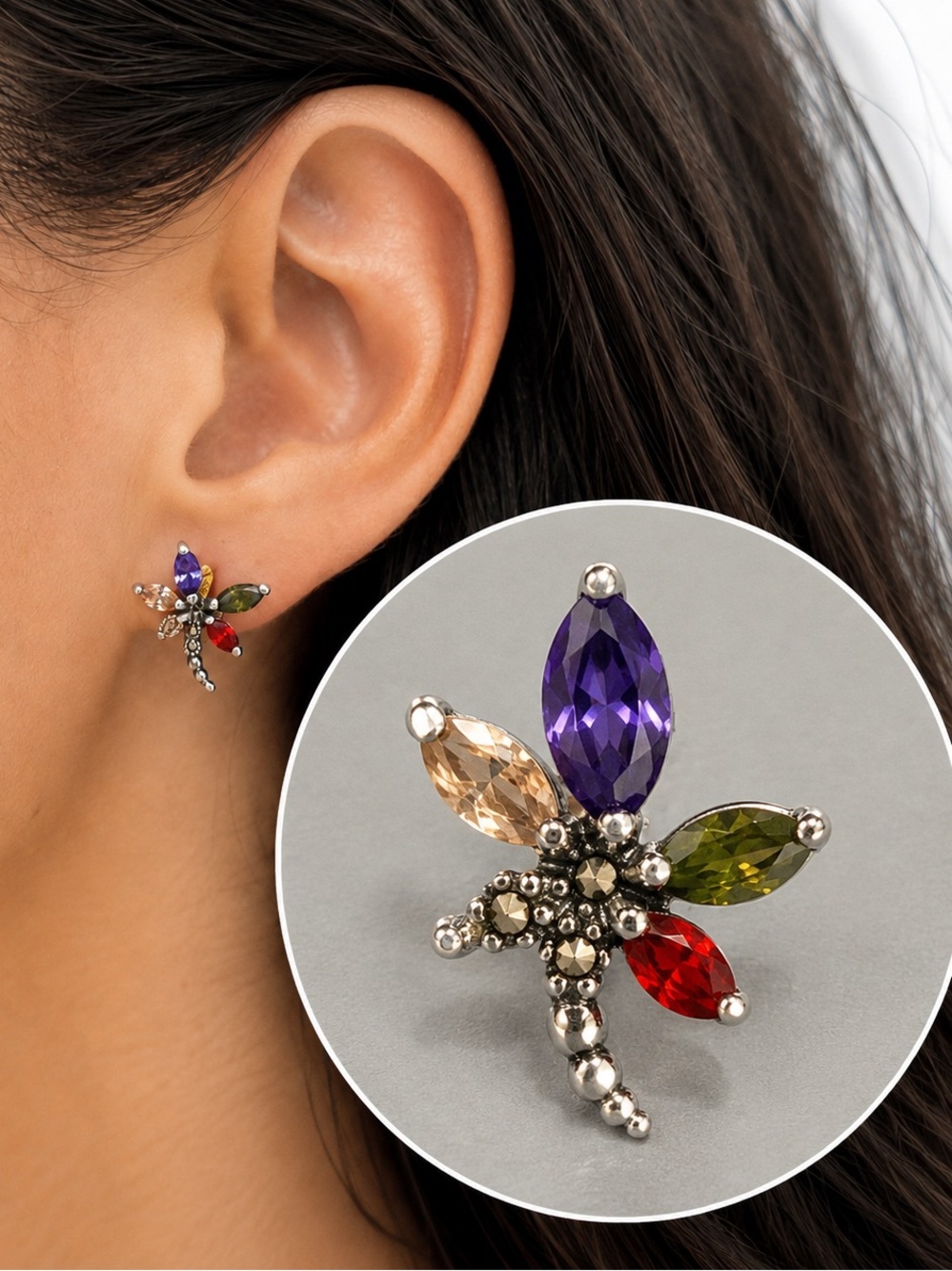 Vintage Ecuador 925 Sterling Silver Multicolor Gemstone Dragonfly Single Earring